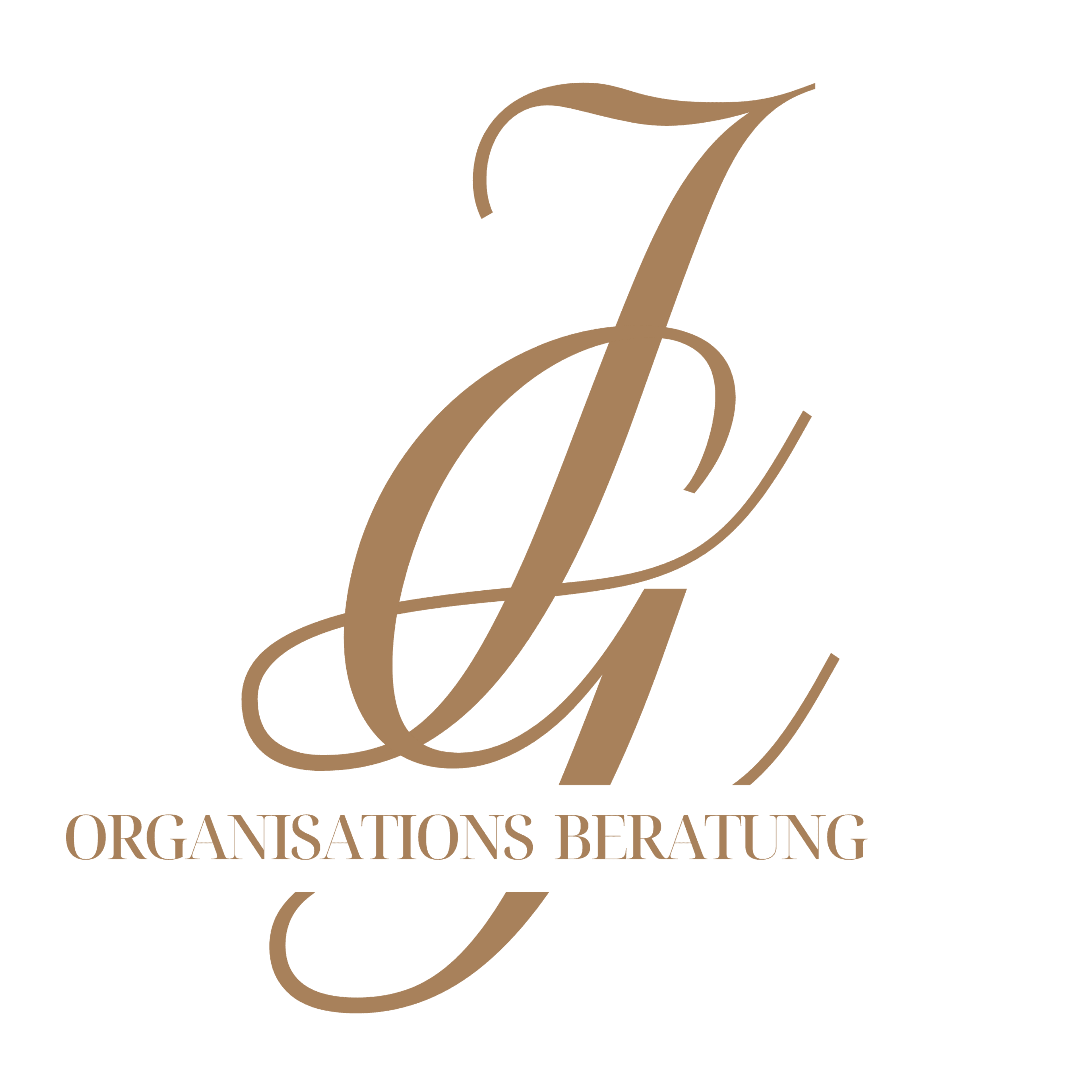 Goldenes Logo mit geschwungenen Initialen und dem Text „ORGANISATIONS BERATUNG“ auf weißem Hintergrund.