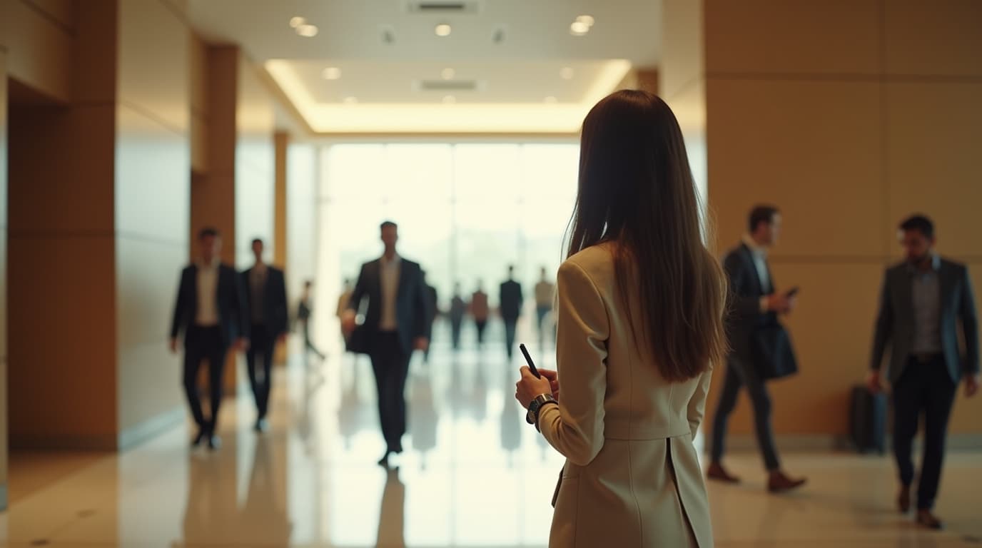 Eine Frau im beigen Blazer blickt in eine belebte, moderne Bürolobby mit gehenden Geschäftsmännern.