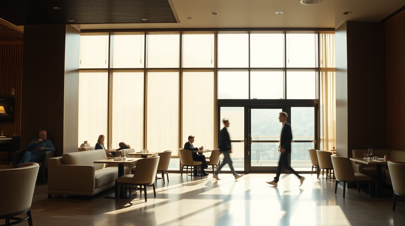 Lichtdurchflutete Hotellobby mit hohen Fenstern, in der Gäste an Tischen sitzen und Personen vorbeigehen.
