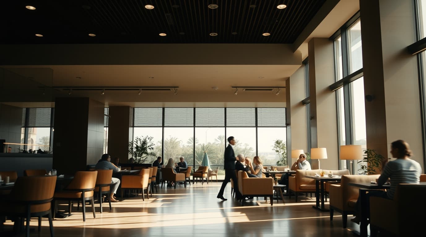 Modernes, lichtdurchflutetes Restaurant mit großen Fenstern, Gästen an Tischen und einem Kellner im Service.